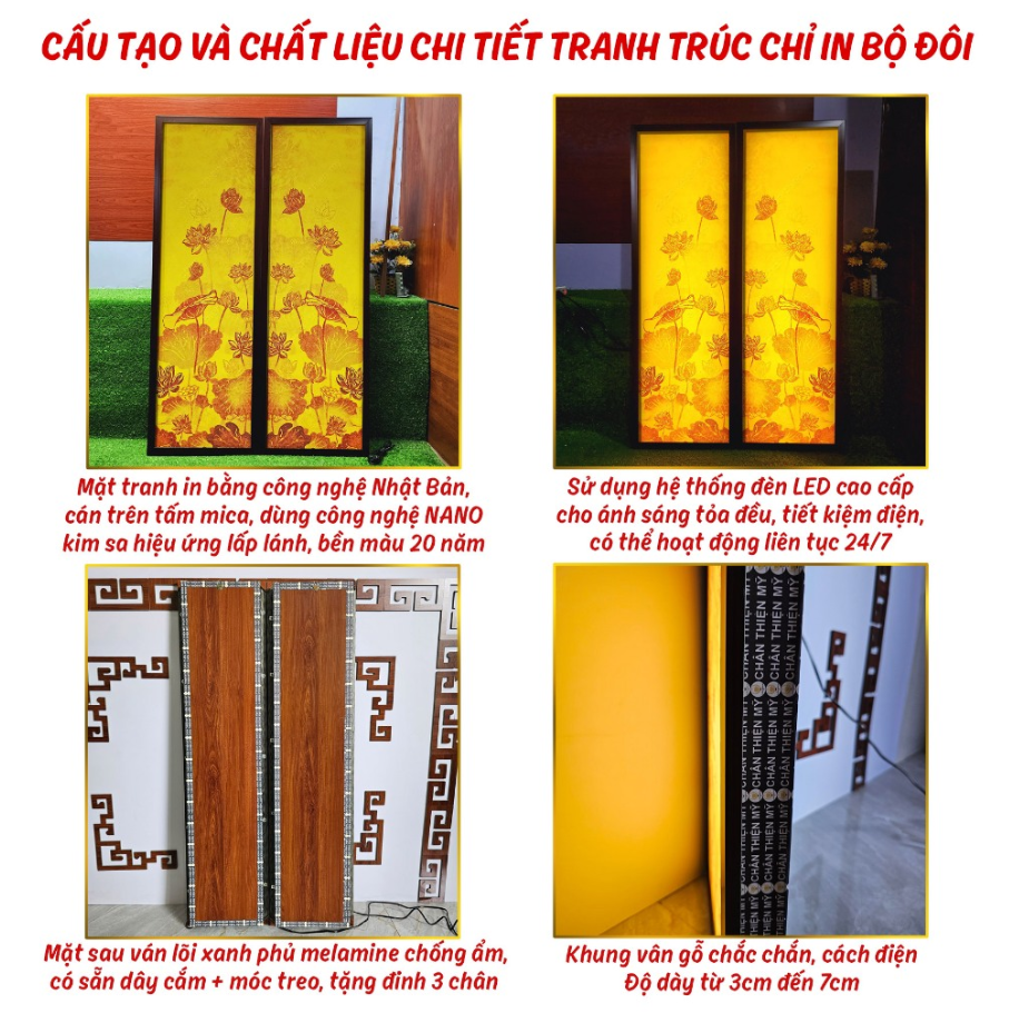 Bộ tranh trúc chỉ đèn led thờ cúng phát sáng cao cấp